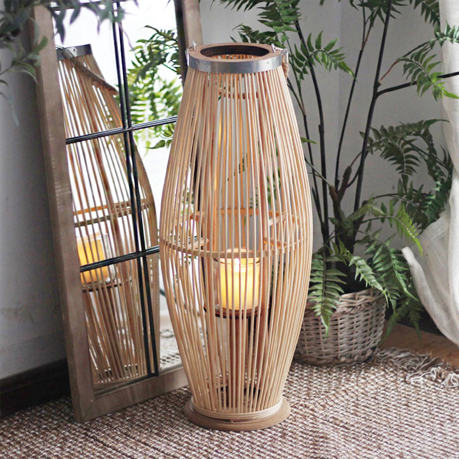Bamboo Candle Holder Lantern Wind Lamp Nordic Candlestick Candle Stand Hanging for Indoor Outdoor Living Room Party Decorations
