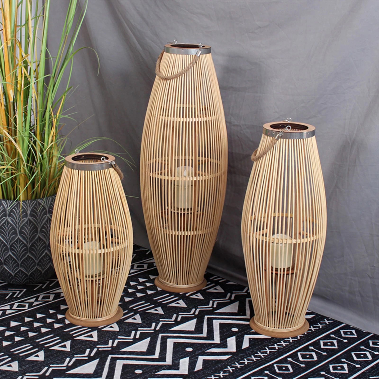 Bamboo Candle Holder Lantern Wind Lamp Nordic Candlestick Candle Stand Hanging for Indoor Outdoor Living Room Party Decorations